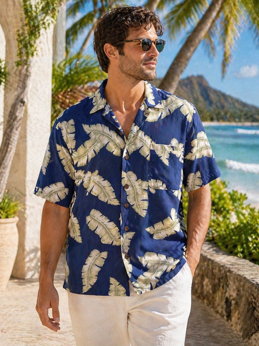 Massini Silk Hawaiian Shirt Mens L Blue Tropical Leaf Print